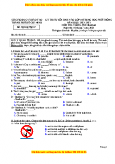 Đề thi vào 10 Tiếng Anh chính thức năm 2022 - 2023 (Đề 22)