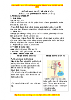 Giáo án Bài 21: Cơ quan tuần hoàn (Tiết 2) Tự nhiên và xã hội lớp 3 Chân trời sáng tạo