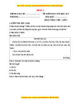 Đề thi Tiếng Việt lớp 1 Học kì 1 Kết nối tri thức (Đề 4)