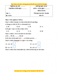 Đề thi cuối kì 2 Toán lớp 1 Cánh diều (Đề 5)