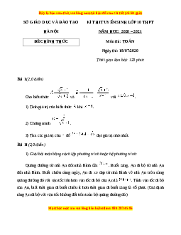 Đề chính thức Toán vào 10 Hà Nội năm 2020 - 2021
