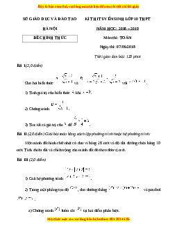 Đề chính thức Toán vào 10 Hà Nội năm 2018 - 2019