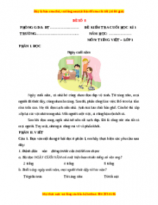 Đề thi Tiếng Việt lớp 1 Học kì 1 Chân trời sáng tạo (Đề 8)