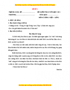 Đề thi học kì 1 Tiếng Việt lớp 2 Chân trời sáng tạo - Đề 1