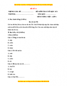 Đề thi Tiếng Việt lớp 1 Học kì 1 Cánh diều (Đề 11)