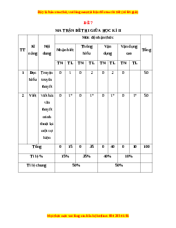 Đề thi giữa học kì 2 Ngữ văn 6 Kết nối tri thức năm 2022 - 2023 (Đề 7)
