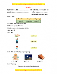 Đề thi Tiếng Việt lớp 1 Học kì 1 Chân trời sáng tạo (Đề 27)