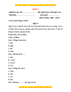 Đề thi Tiếng Việt lớp 1 Học kì 1 Cánh diều (Đề 9)