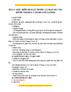 Giáo án Bài 17 Địa lí 7 Chân trời sáng tạo (2024): Đặc điểm dân cư Trung và Nam Mỹ, vấn đề đô thi hóa, văn hóa Mĩ Latinh
