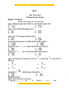 Bộ đề thi Toán 5 học kì 1 năm 2022 - 2023 - Đề 10