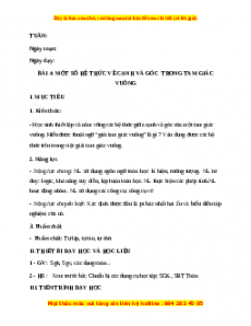 Giáo án Một số hệ thức về cạnh và góc trong tam giác vuông Toán 9 Học kì 1