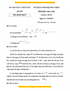 Đề chính thức Toán vào 10 Hà Nội năm 2021 - 2022