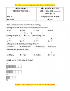 Đề thi giữa kì 2 Toán 4 năm 2023 (Đề 6)