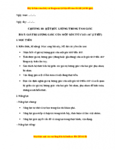 Giáo án Giá trị lượng  giác của một góc từ 0 độ đến 180 độ Toán 10 Kết nối tri thức