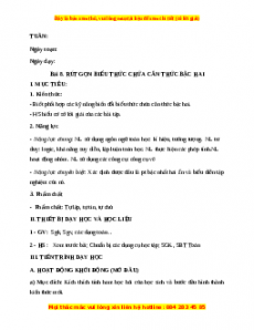 Giáo án Rút gọn biểu thức chưa căn thức bậc hai Toán 9 Học kì 1