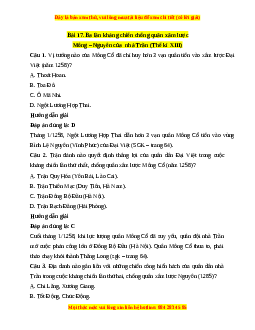 Trắc nghiệm Bài 17: Ba lần kháng chiến chống quân xâm lược Mông-Nguyên của nhà Trần (thế kỉ XIII)