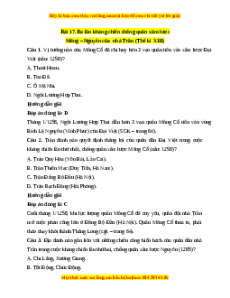 Trắc nghiệm Bài 17: Ba lần kháng chiến chống quân xâm lược Mông-Nguyên của nhà Trần (thế kỉ XIII)