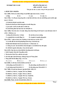 Đề thi cuối kì 1 Lịch sử 12 năm 2023 Trường Sở GD và ĐT Bắc Giang