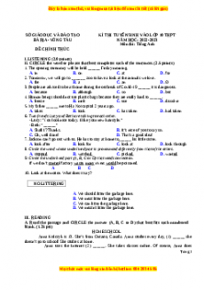 Đề thi vào 10 Tiếng Anh chính thức năm 2022 - 2023 (Đề 36)