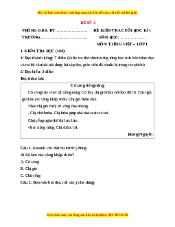 Đề thi Tiếng Việt lớp 1 Học kì 1 Kết nối tri thức (Đề 3)