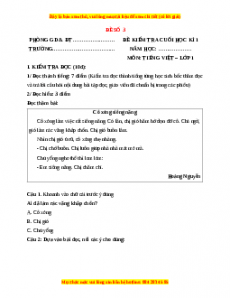 Đề thi Tiếng Việt lớp 1 Học kì 1 Kết nối tri thức (Đề 3)