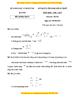 Đề chính thức Toán vào 10 Hà Nội năm 2016 - 2017