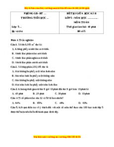 Đề thi giữa kì 2 Toán 5 năm 2023 (Đề 5)