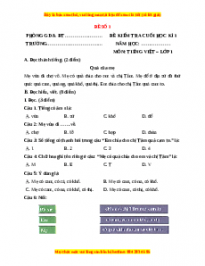 Đề thi Tiếng Việt lớp 1 Học kì 1 Cánh diều (Đề 1)