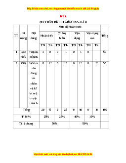 Đề thi giữa học kì 2 Ngữ văn 6 Kết nối tri thức năm 2022 - 2023 (Đề 1)