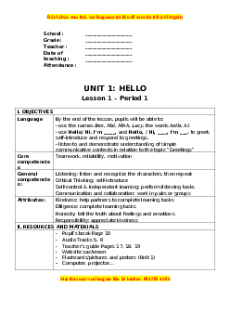 Giáo án Unit 1 Tiếng anh 3 global success