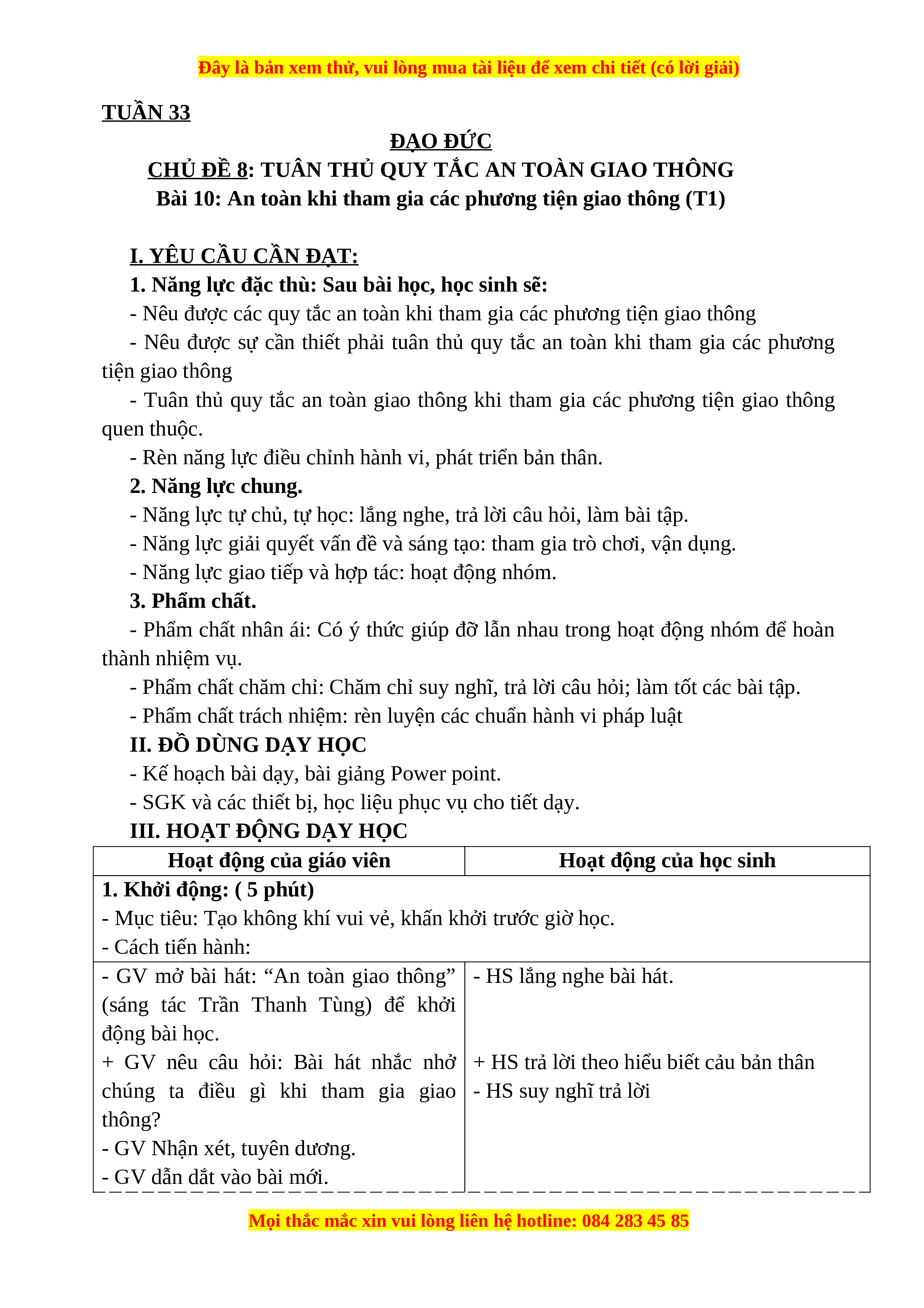 Giáo án Đạo đức 3 Kết nối tri thức Bài 10: An toàn khi tham gia ...