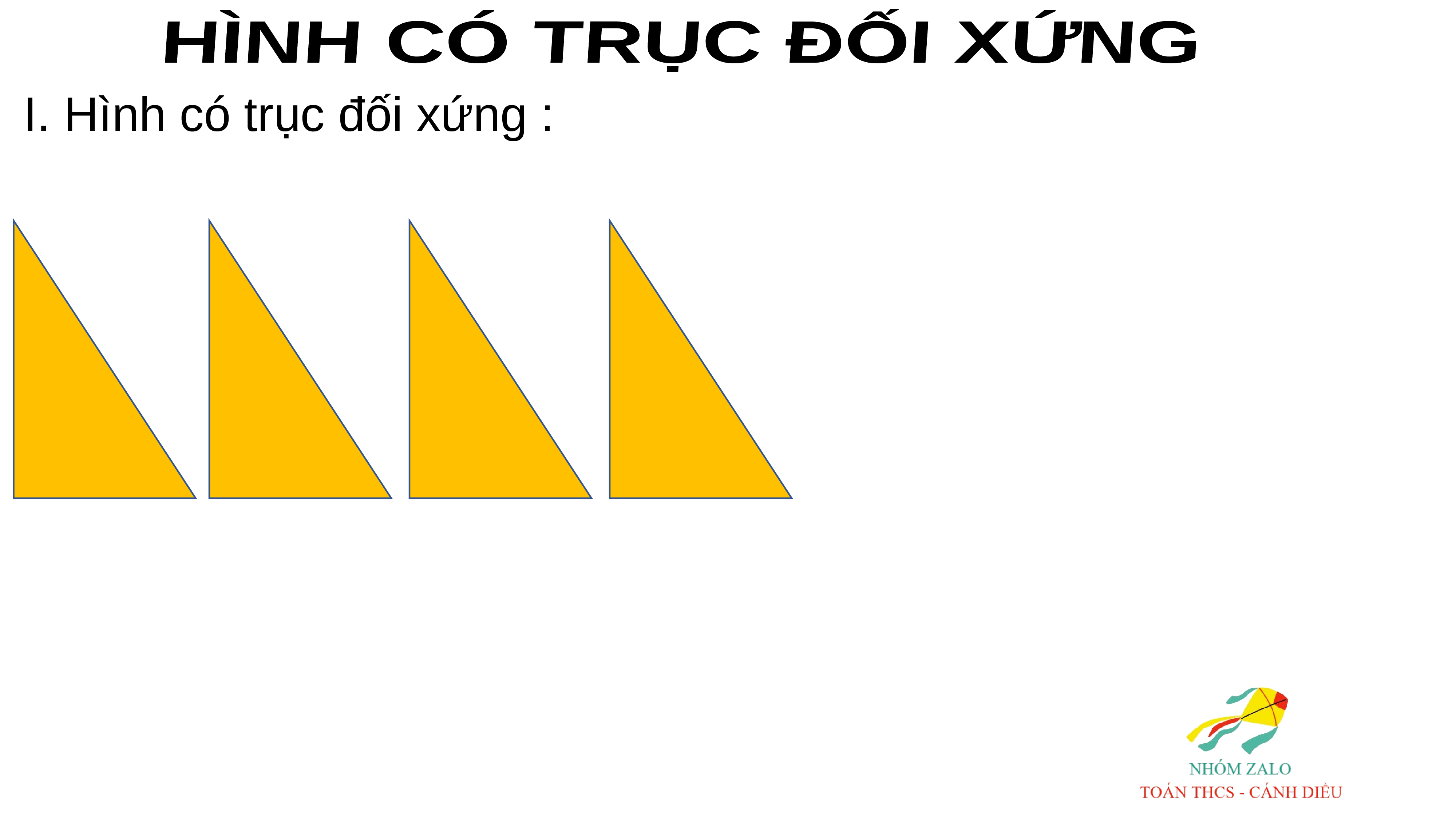 Các hình có trục đối xứng là: A. Hình bình hành, hình chữ nhật, hình vuông  B. Hình thang cân, tam giác cân, hình thoi C. Tam giác cân, hình bình hành,